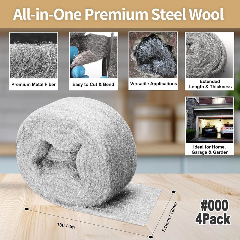 Shineboc Steel Wool Mice Control, 4 Pack of 3.1" x13 Ft #000 Steel Wool Roll Gap Filler for House Garage Garden, Keep Mice Away from Holes Siding Pipeline Vents Wood Metel Polishing, Very Fine - Image 2